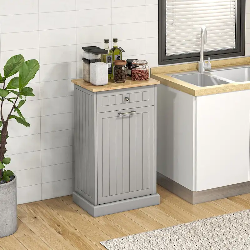 Grey MDF Tilt-Out Trash Cabinet with Drawer & Oak Top