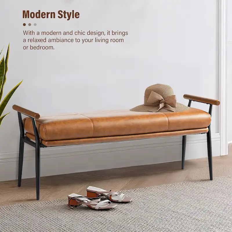 48.5W Modern Upholstered Bench with Wooden Arms and Metal Legs