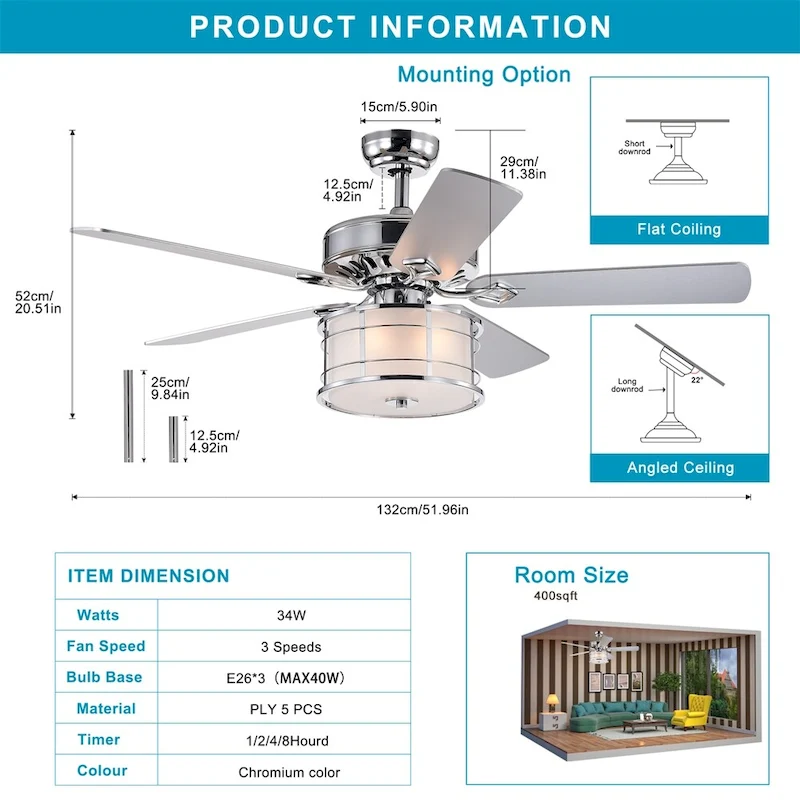 3 Speed Farmhouse LED Ceiling Fan Light w/ Remote and Reversible Blade