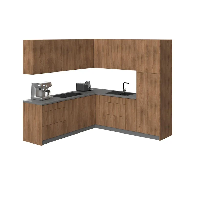 Tan/Silver/White/Black Chipboard Kitchen Cabinet Set with Soft-Close Doors & Drawers