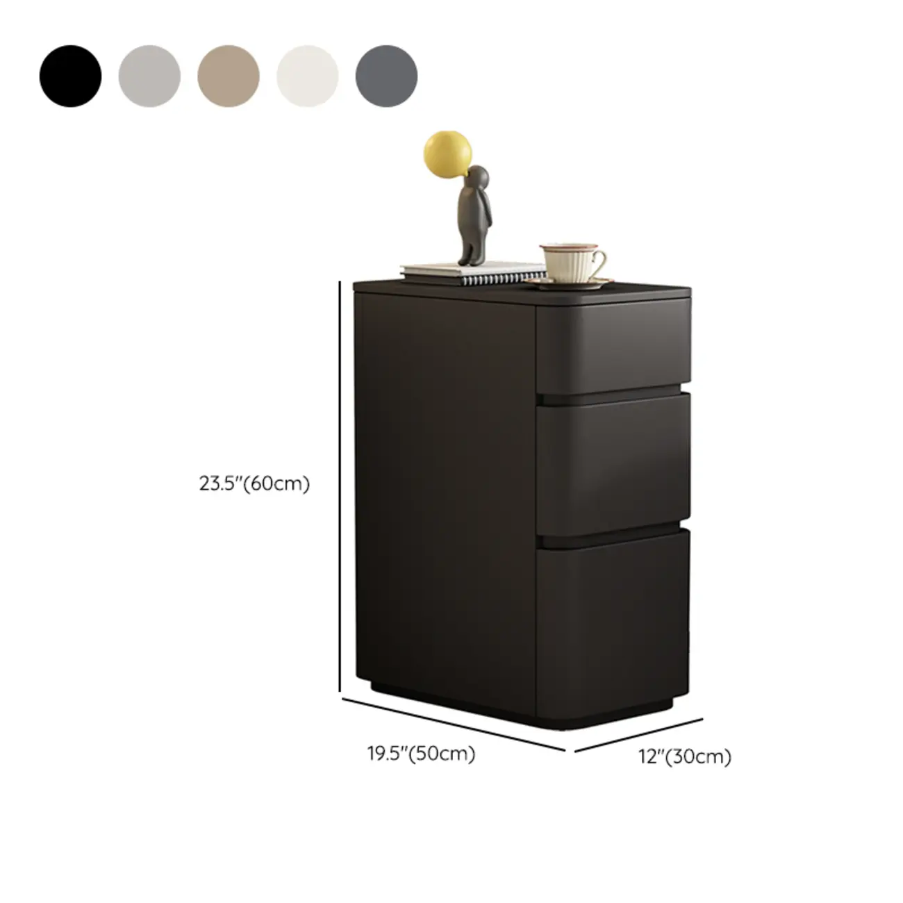 Narrow Leather Wood 3-Drawer Black Nightstand