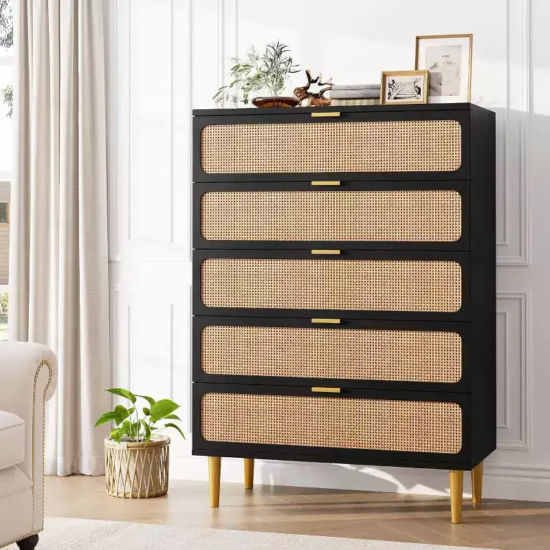 Rattan 5-Drawer Tall Dresser with Wide Top, Deep Storage Chest for Bedroom, Living Room, Closet, Natural Wood Finish