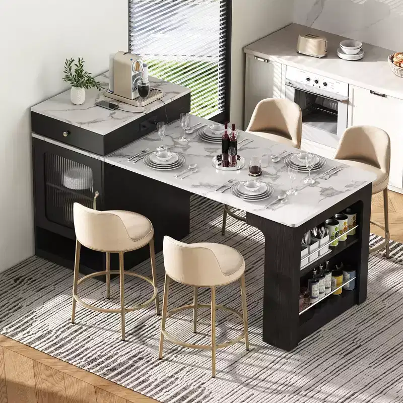 59.5in Kitchen Island with Extendable Dining Storage Table, Double-sided Storage, 2 Drawers, Power Outlet, Side Open Shelves for Dining Room