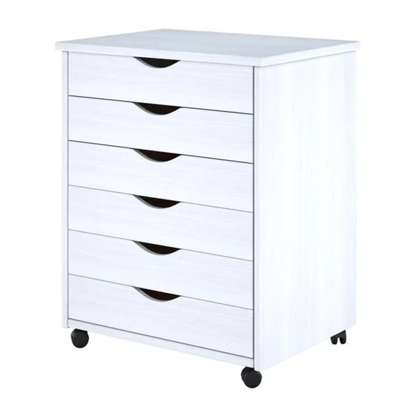 White Painted Solid Pine 6-Drawer Wide Rolling Cart with Caster Wheels – Single