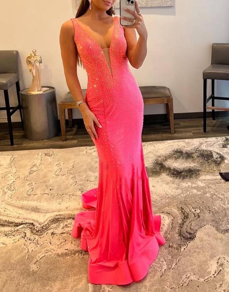 Mermaid V-neck Beaded Mermaid Prom Dress