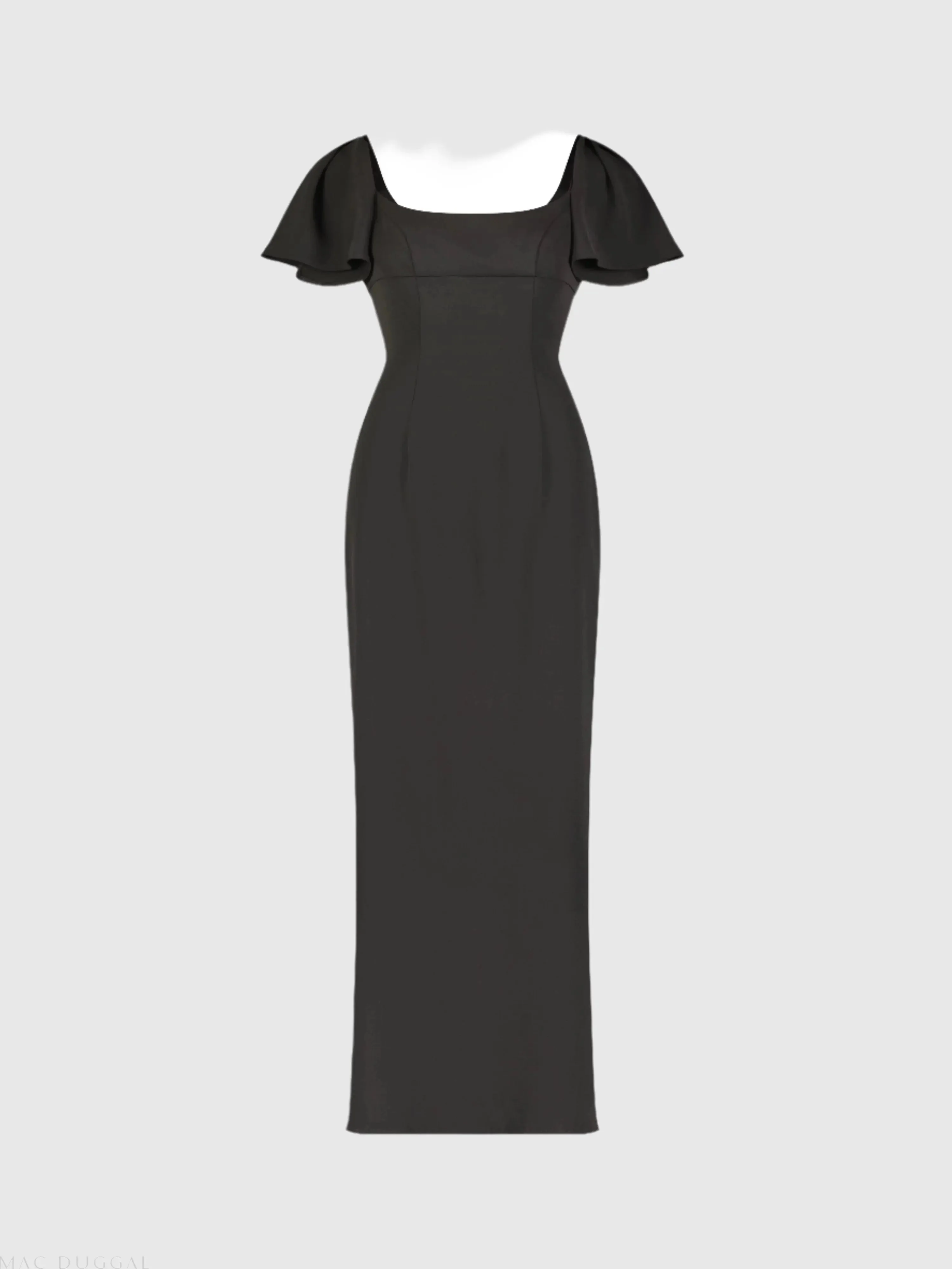 Black Crepe Fitted Long Dress With Short Ruffle Sleeves