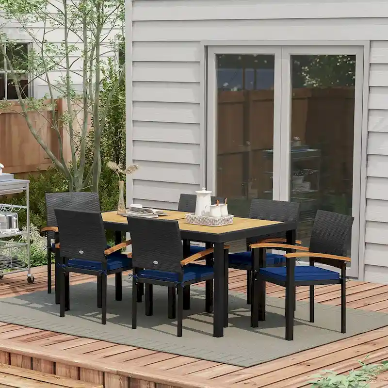 Outsunny 7 Pieces Patio Dining Set with Space-Saving Design, Wicker Patio Furniture Set Outdoor Dining Set with Acacia Wood