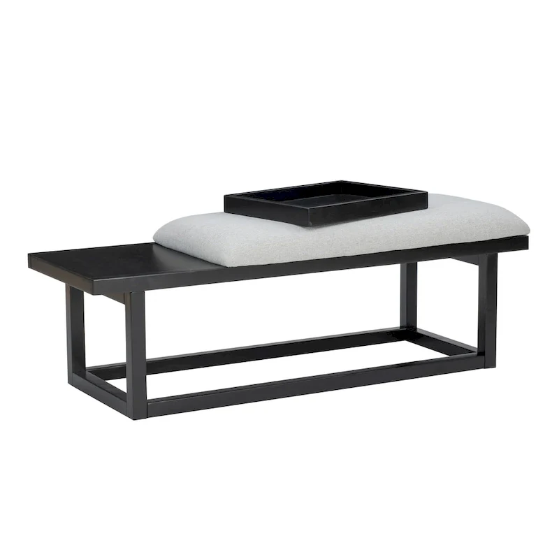 Aliza Grey Upholstered Solid Wood Bench with Tray
