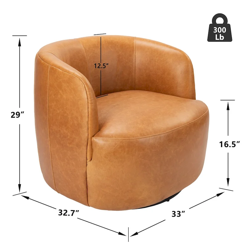 KINWELL Modern Top Grain Genuine Leather Swivel Armchair with Pillow