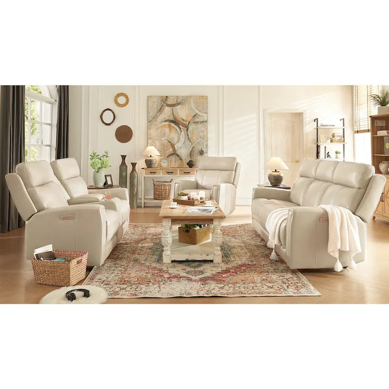 Genuine Leather Power Reclining Sofa with Power Headrest and USB & USB-C Port, Zero Gravity