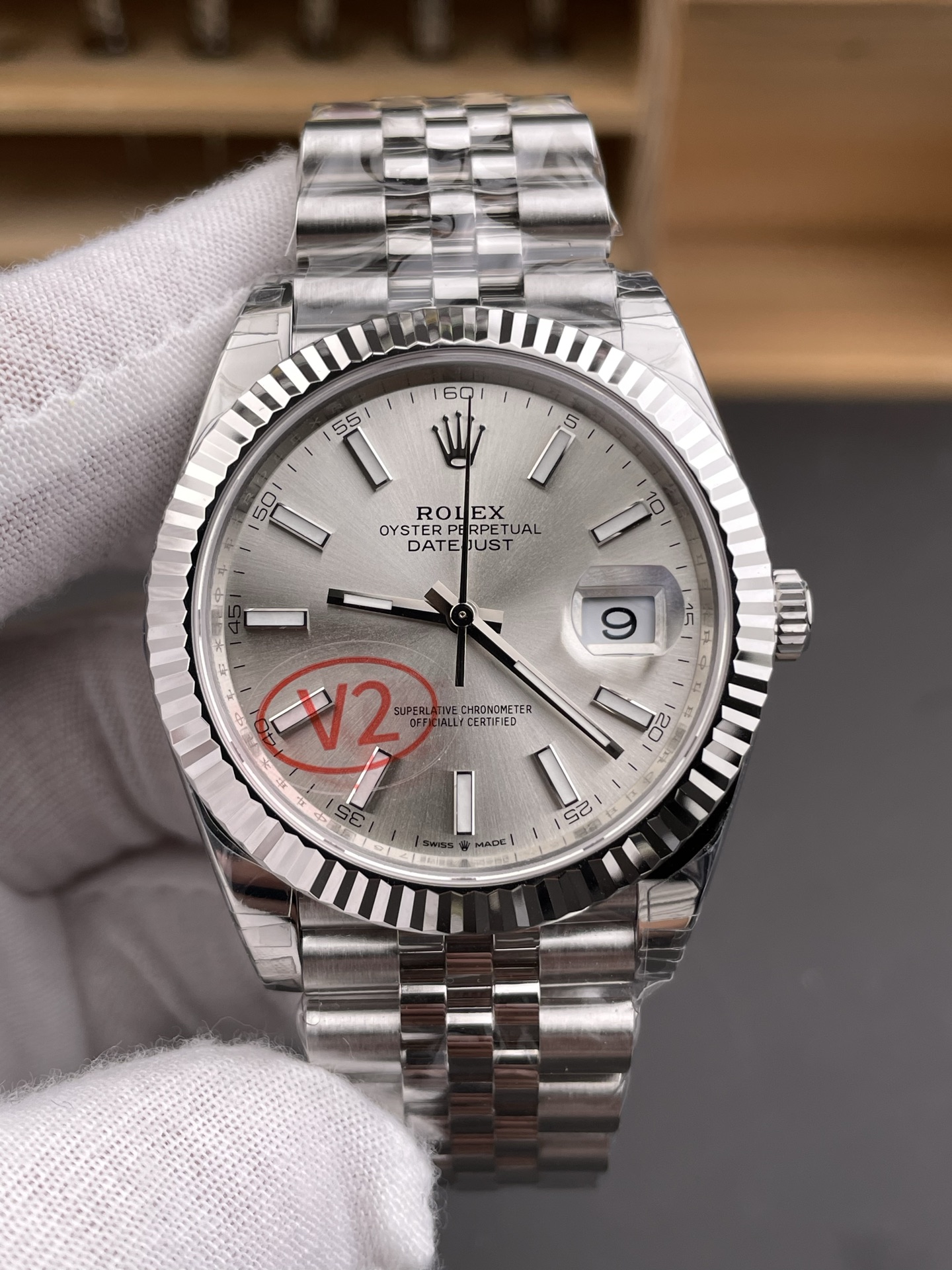 Rolex Datejust silver dial super clone front view with fluted bezel and Jubilee bracelet