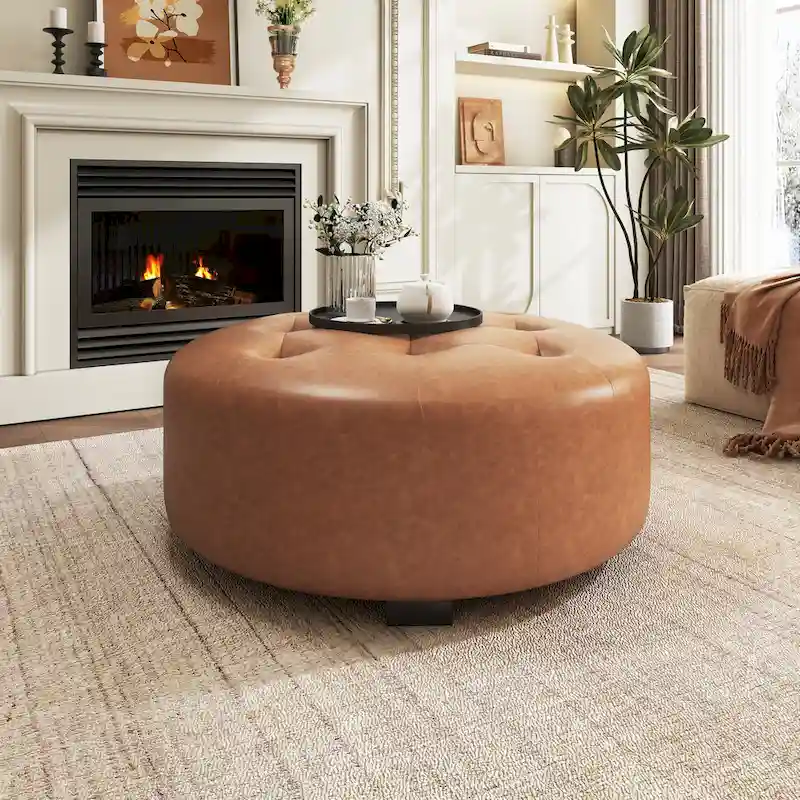Christopher Knight Home PU Leather Button Tufted Round Ottoman