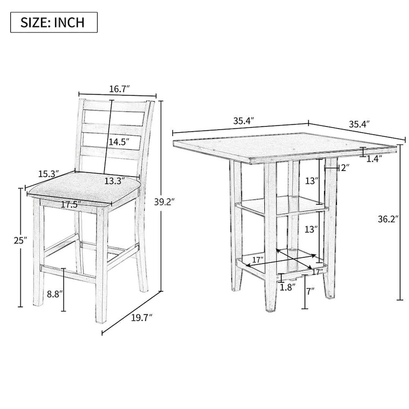 5 Piece Counter Height Square Dining Table Set with 4 Chairs