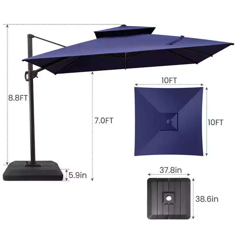 Crestlive Products 10 Feet Square 2-Tier Top Patio Cantilever Offset Umbrella 360 Shade With Weighted Base