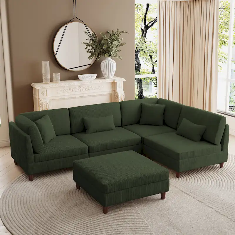 Corduroy Convertible Couch Modular Sectional Sofa with Ottoman