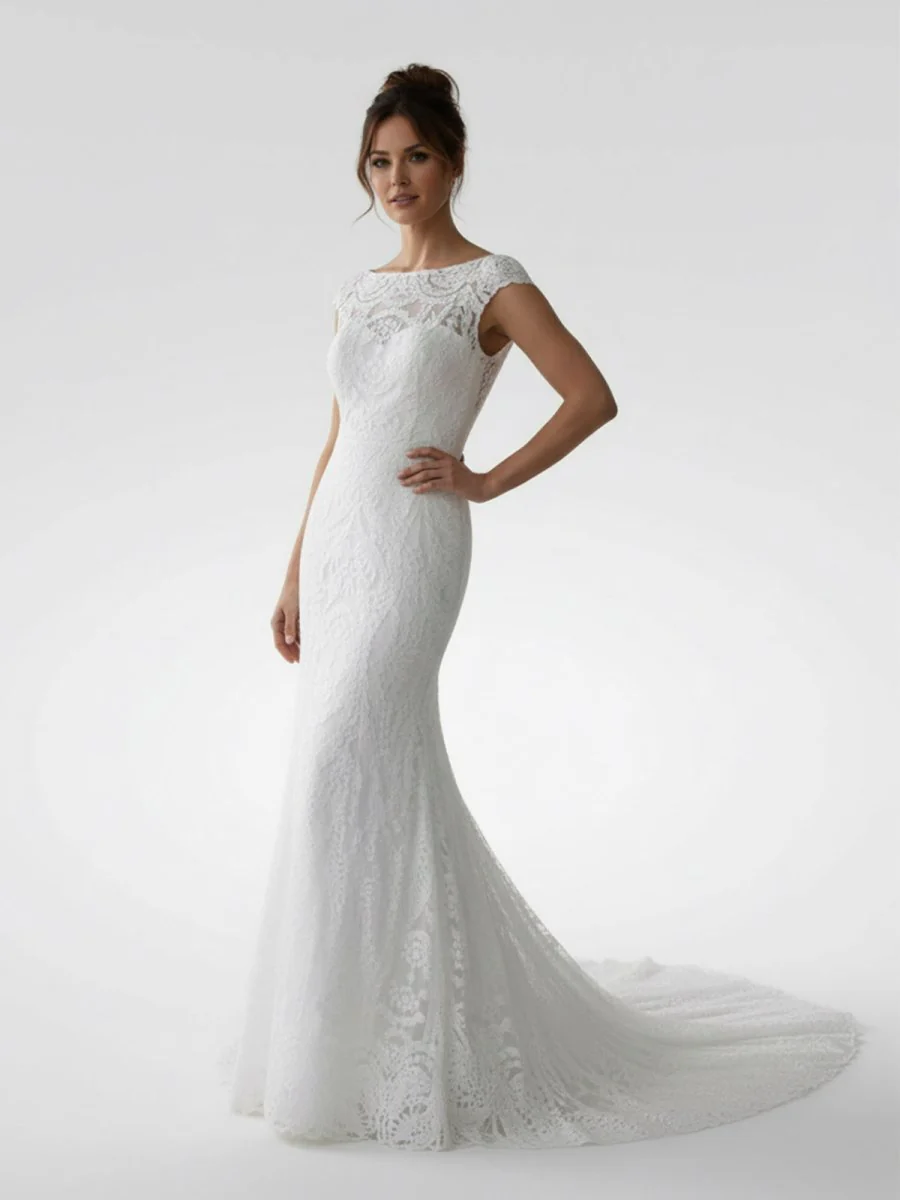 White Mermaid Cap Sleeve Lace Wedding Dress