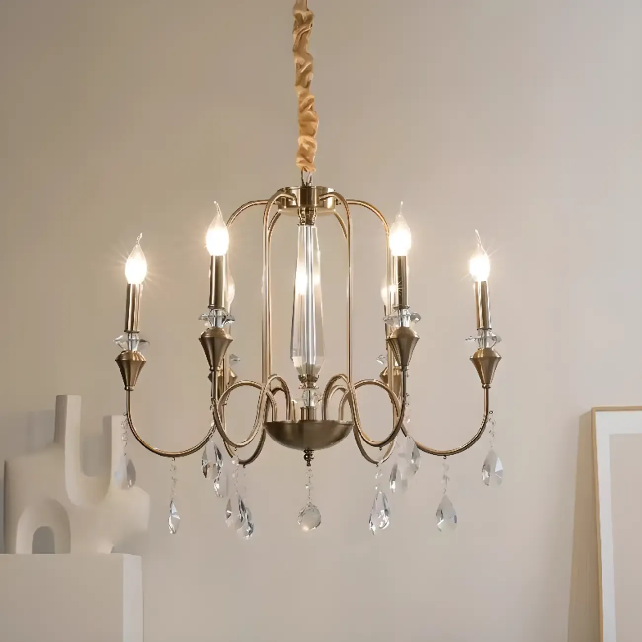 Mid-Century Modern Metallic Alloy Candle Chandelier with Crystal