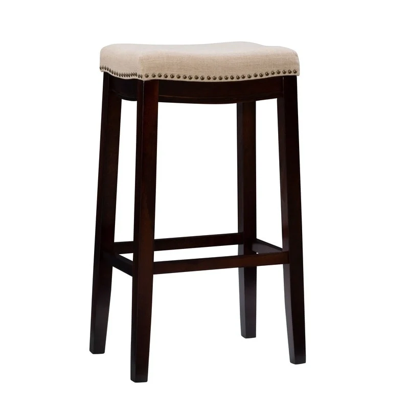 Beige Linen Backless Bar Stool with Nailhead Trim