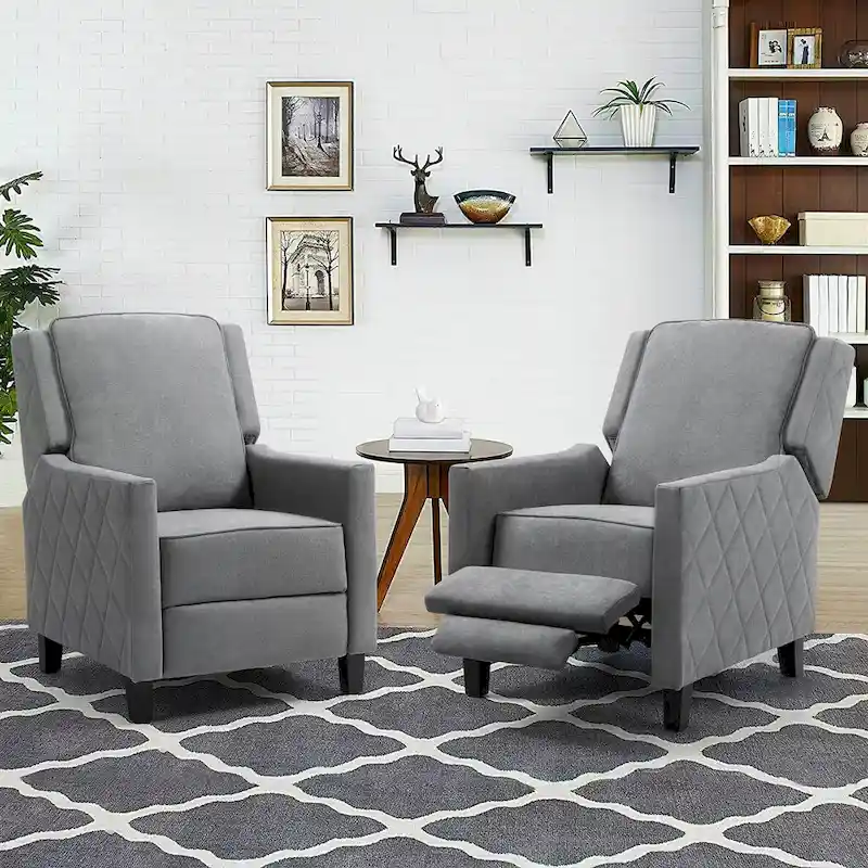 Set of 2 Push Back Recliner Chair Linen Wing Back Chair