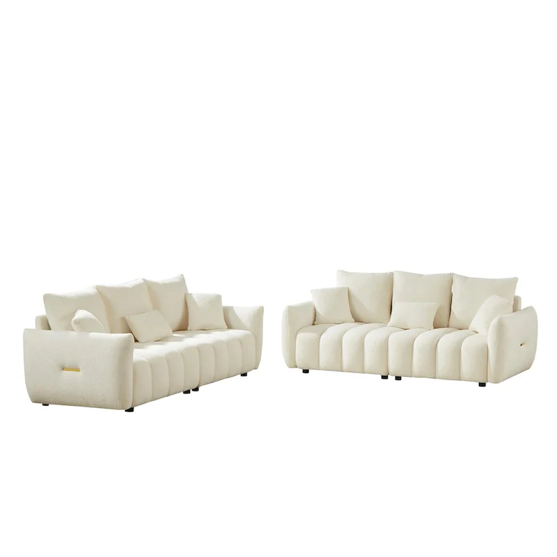 2-Pieces 6-Seat Teddy Fabric Sectional Sofa Set (3+3) with Wooden Frame & 6 Pillows
