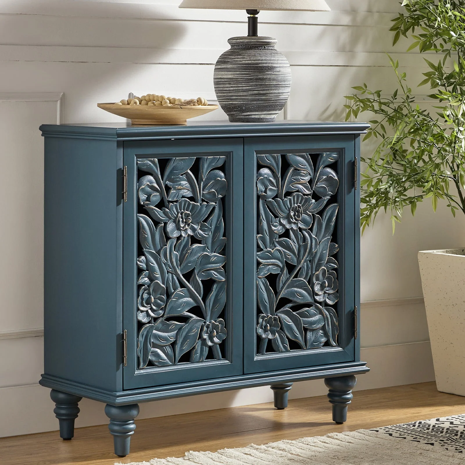 2-Door Accent Cabinet with Hand-Carved Trim, Built-in LED, Push-to-Open Doors & Rubber Wood Legs | Blue | Single