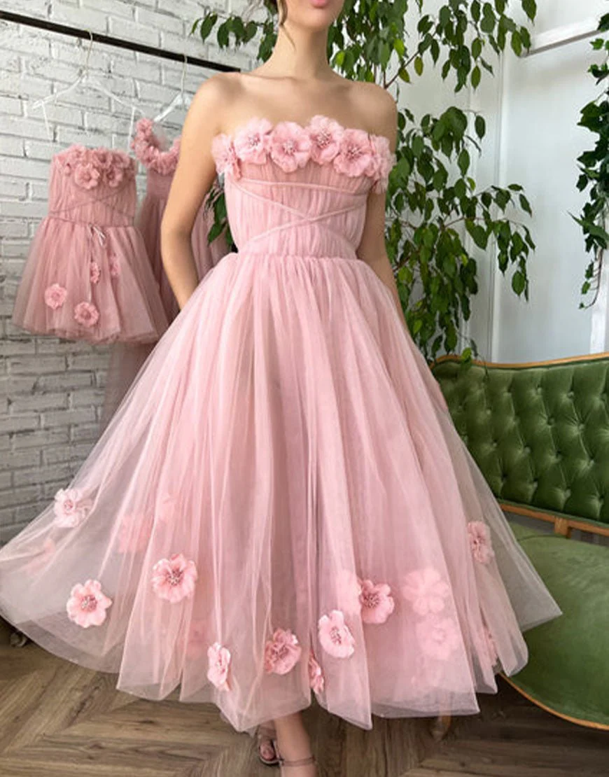 Princess Strapless Light Pink Prom Dress with Flowers