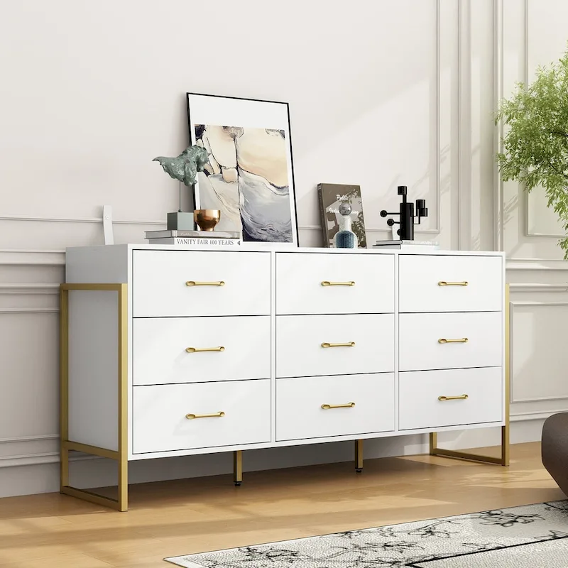 Elegant 9-Drawer Dresser with Gold Accents - Black Stripe Finish Chest
