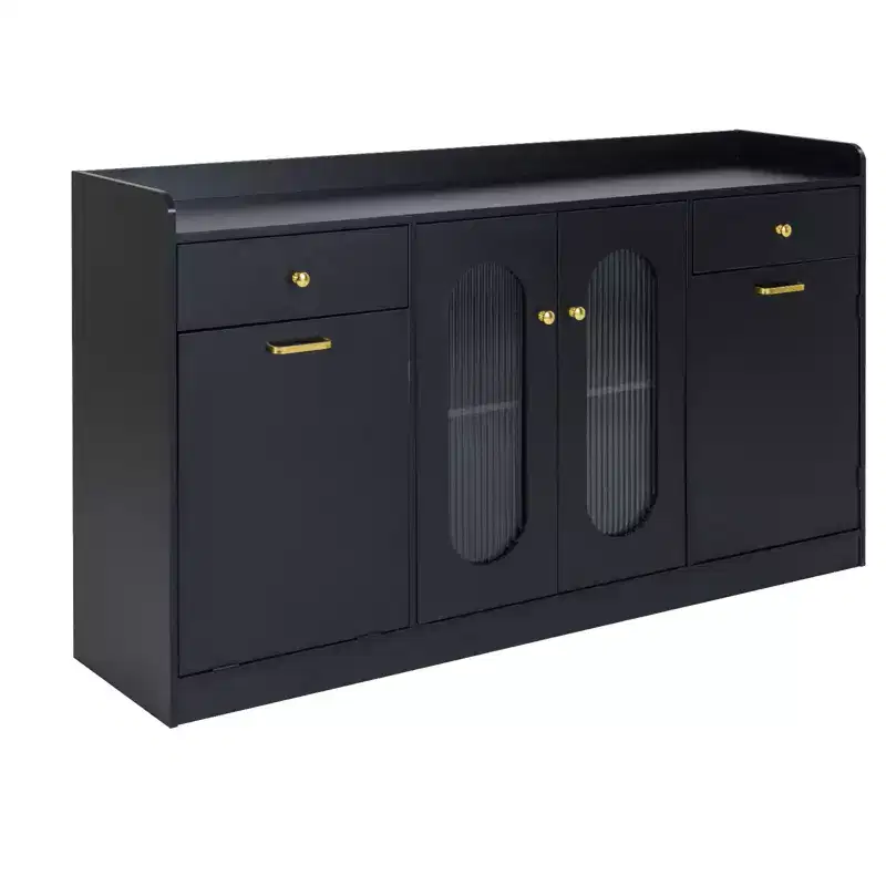 Costway 55 Large Buffet Cabinet with 2 Glass Doors, 2 Drawers, 2 Door Shelves for Kitchen Black/White