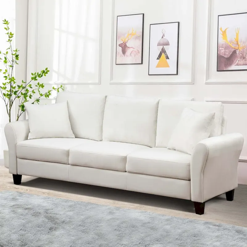 3-Seater Velvet Sofa with 2 Pillows, Black/White/Grey, Wood Frame, 3-Person