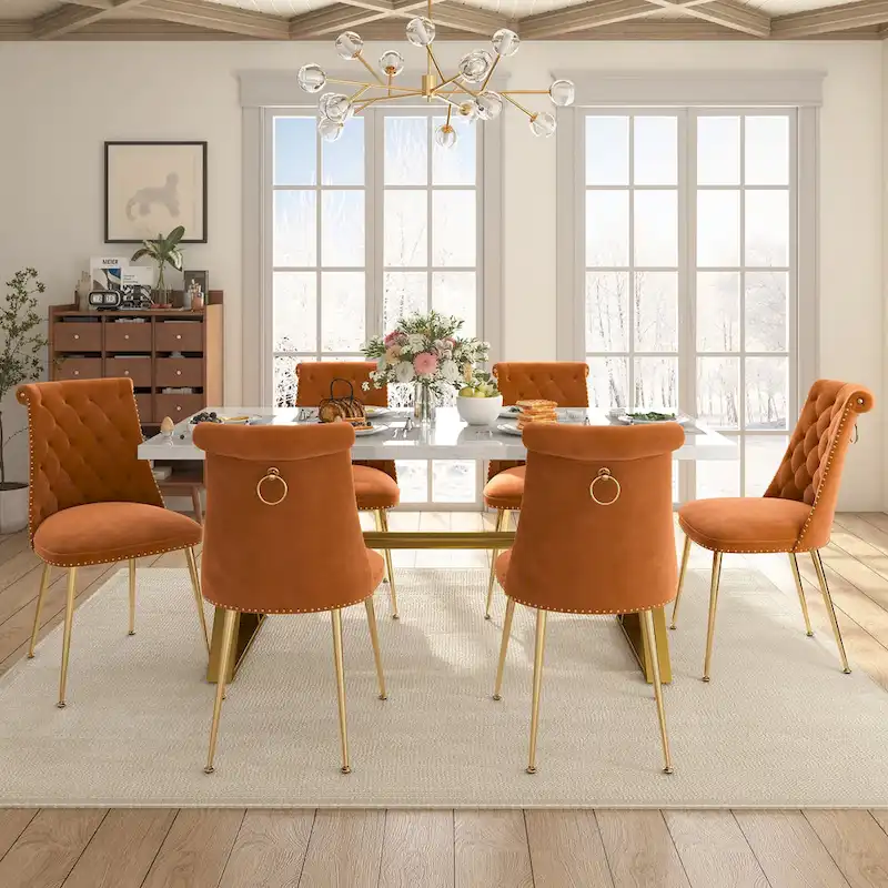 7-Piece Clihome Marble Dining Table with Velvet Chair Dining Chair