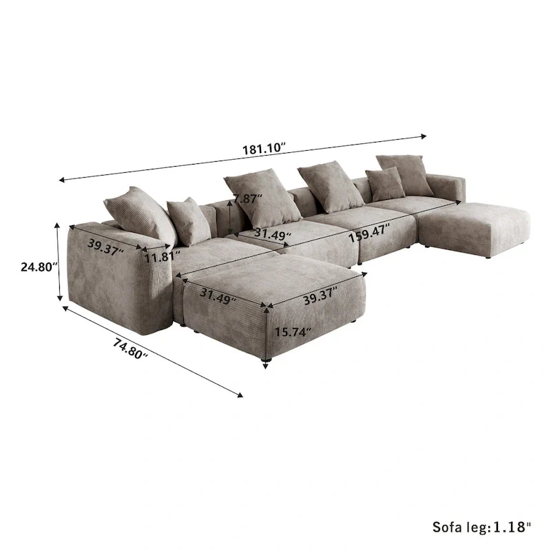 Large U-Shape Linen Reversible Modular Seating Component Sectional with 2 Ottoman