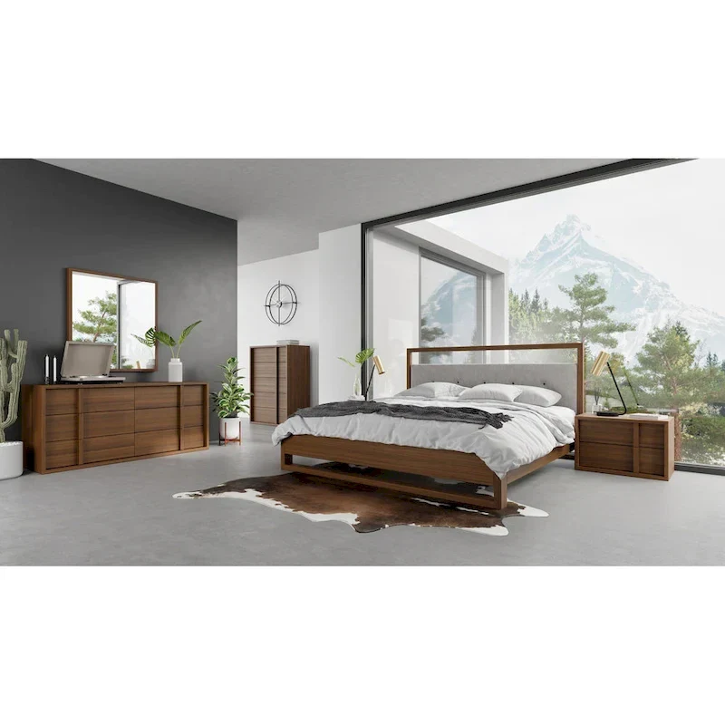 Modern Grey Fabric Walnut Bed