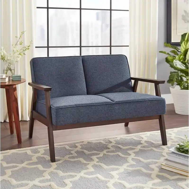 Blue / Grey / Yellow Mid-Century Modern Upholstered Loveseat with Wood Legs – 2 Seater