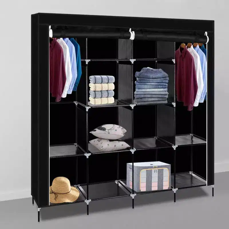 Karl Home 12-Cube Portable Closet Wardrobe with 2 Hanging Rods & 4 Side Pockets, 4-Tier Non-Woven Fabric Storage Organizer Black