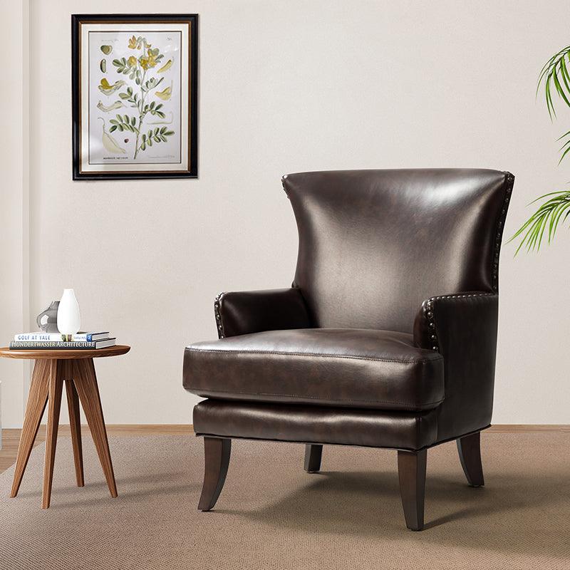 Vegan Leather Wingback Armchair with Nailhead Trim & Curved Solid Wood Legs | Camel / Brown / Turquoise | Single Seat