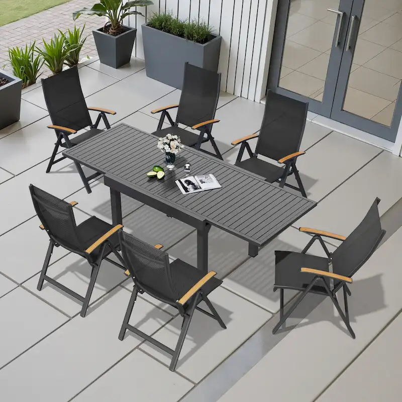 5/7/11PC Outdoor Aluminum Expandable Rectangle Patio Dining Table with Folding Chairs