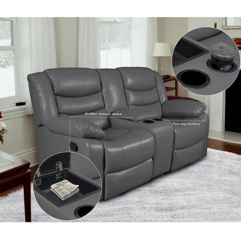 Faux Leather Manual Reclining Living Room Sofa with Dropdown Table and Console