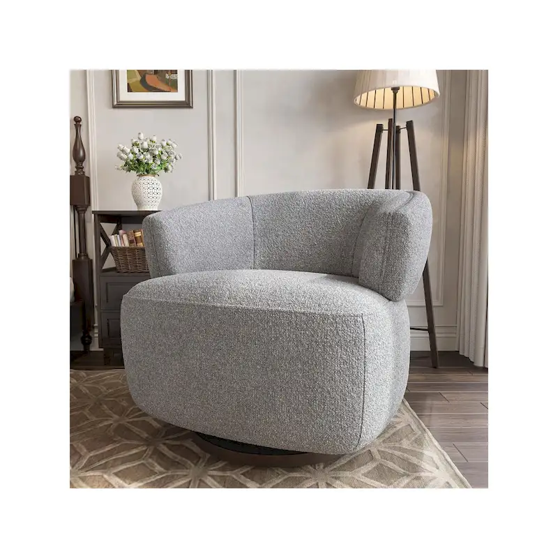 Beige / Grey Upholstered 360° Swivel Barrel Accent Chair – Single