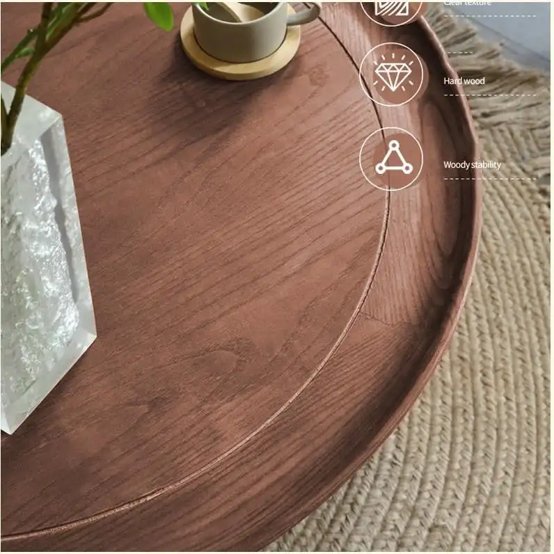 2-Tiered Round Wood Coffee Table with Rattan Base