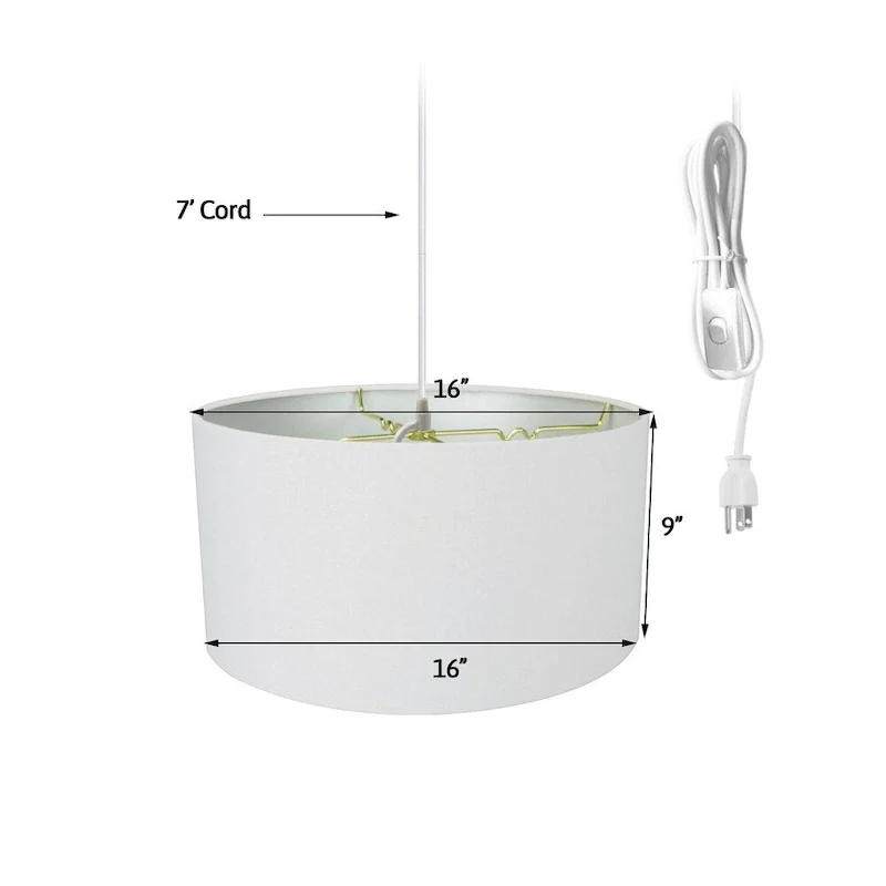 1 Light Swag Plug-In Pendant 16 w White Linen Drum Shade, 17' White Cord