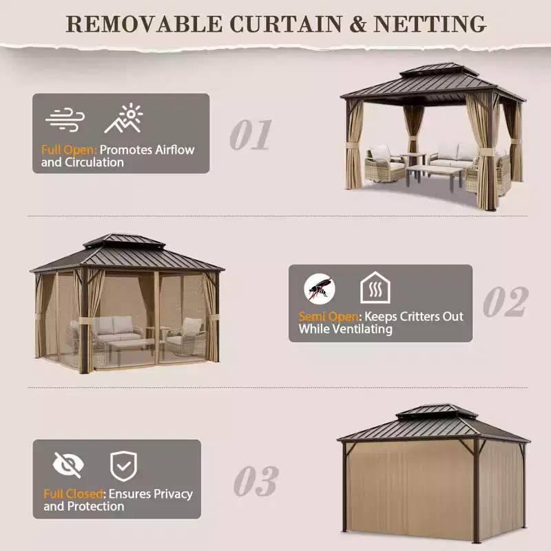 EAGLE PEAK Aluminum Double Hardtop Gazebo with Curtains and Netting