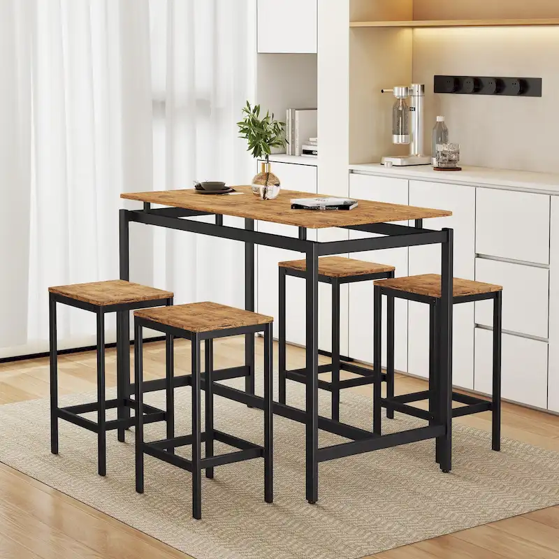 5-Piece Industrial Bar Table Set with Rectangular Table & 4 Chairs