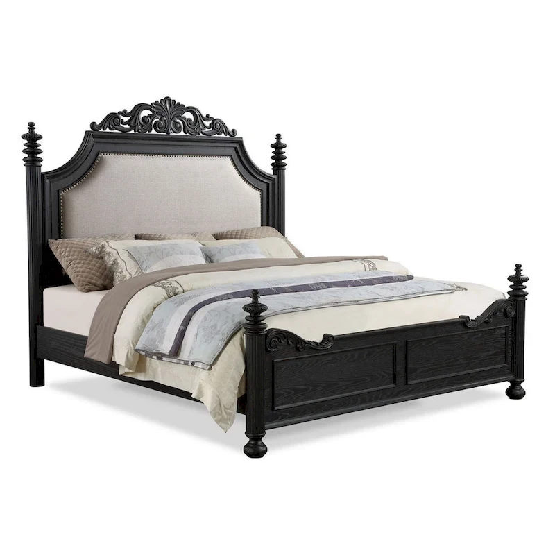Berry King Size Bed, Scrolled Headboard, Cream Upholstery, Black Wood