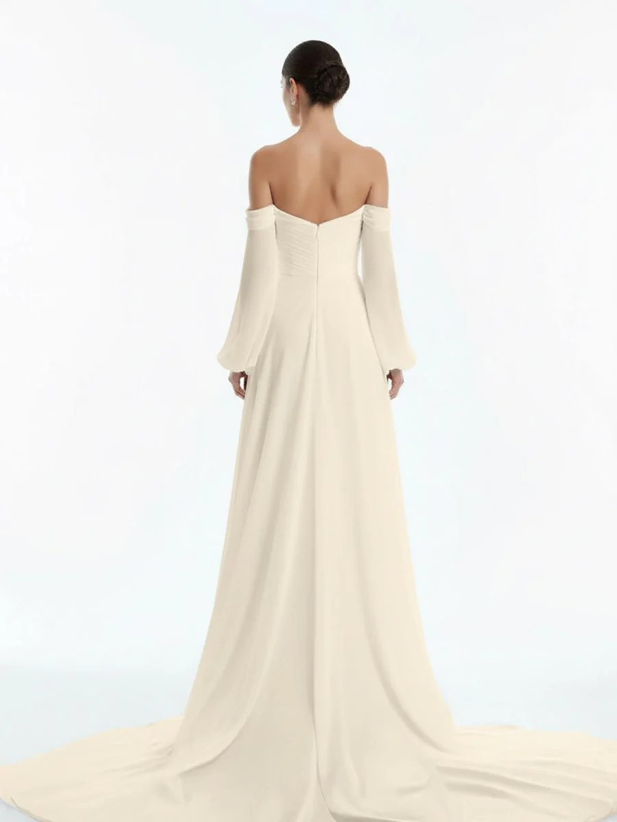 A-Line Sweetheart Long Sleeves Chiffon Sweep Train Wedding Dress