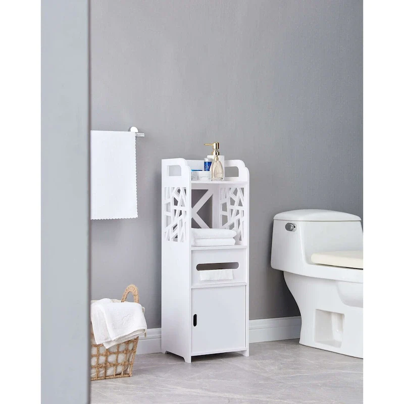 White Glossy Bathroom Floor Storage Cabinet with Drawer & Open Shelves, 1-Person Use