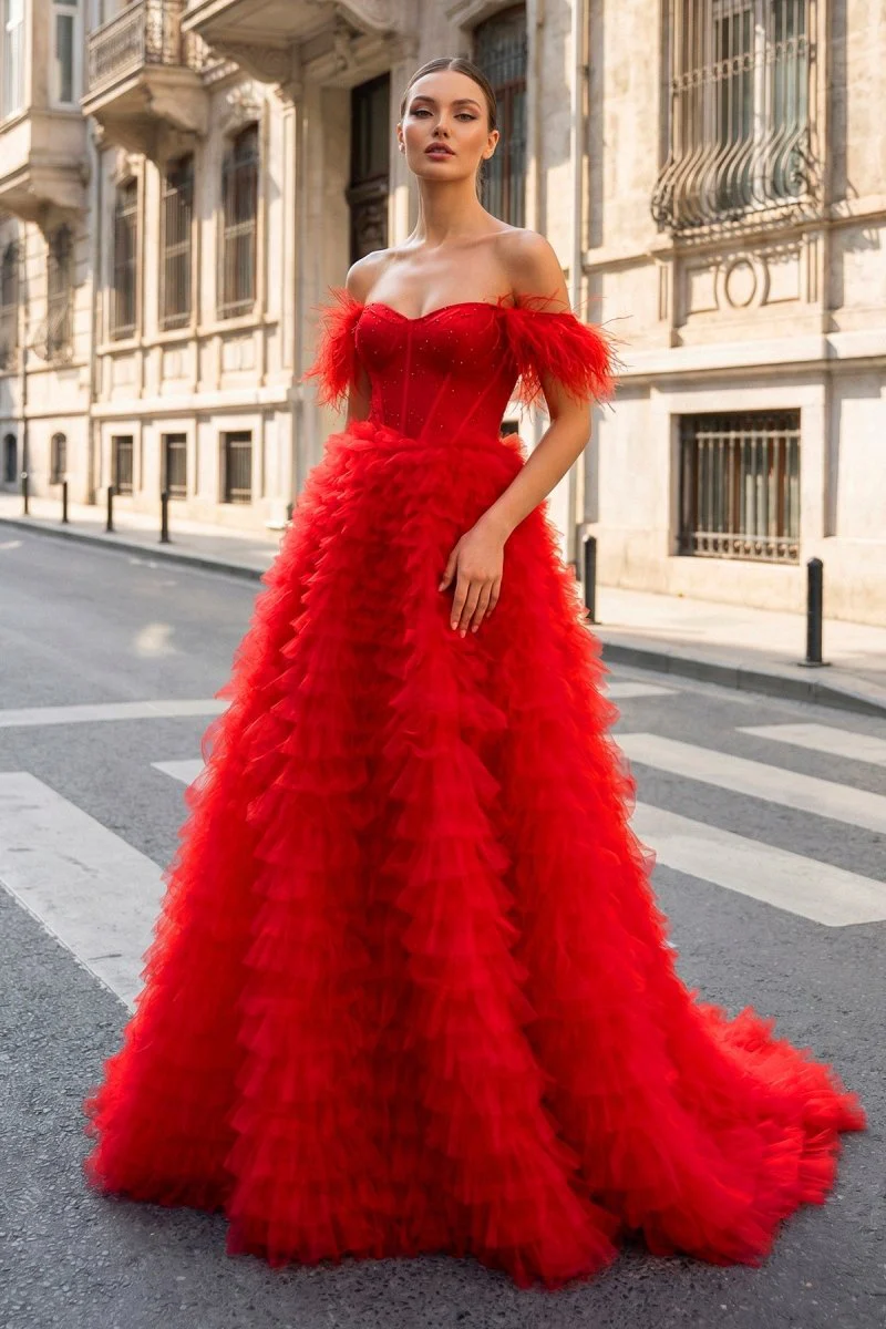 A Line Sweetheart Tiered Tulle Long Prom Dress With Slit