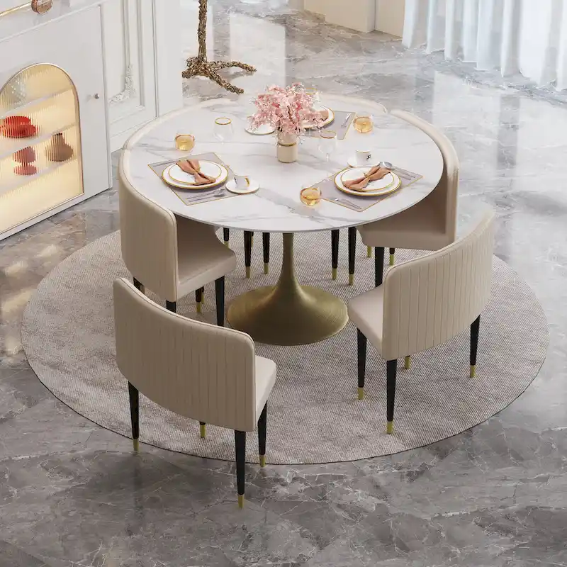 Modern Faux Marble Top Iron Pedestal Dining Table