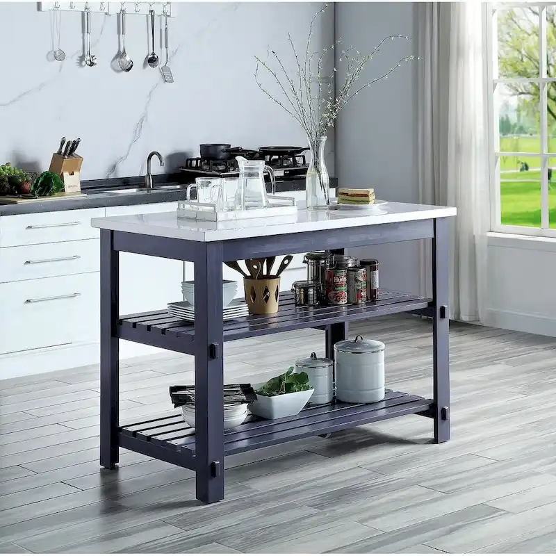 Marble Top Kitchen Island with 2 Open Shelves in White and Gray