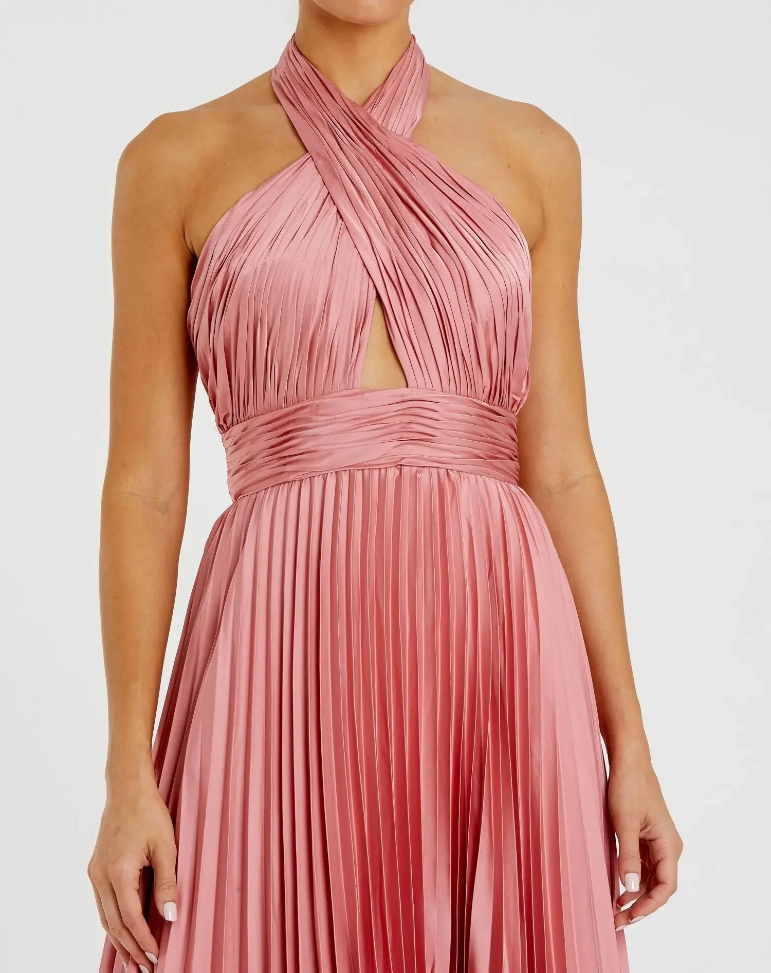 Pink Pleated Halter Neck Asymmetrical Hem Gown - FINAL SALE