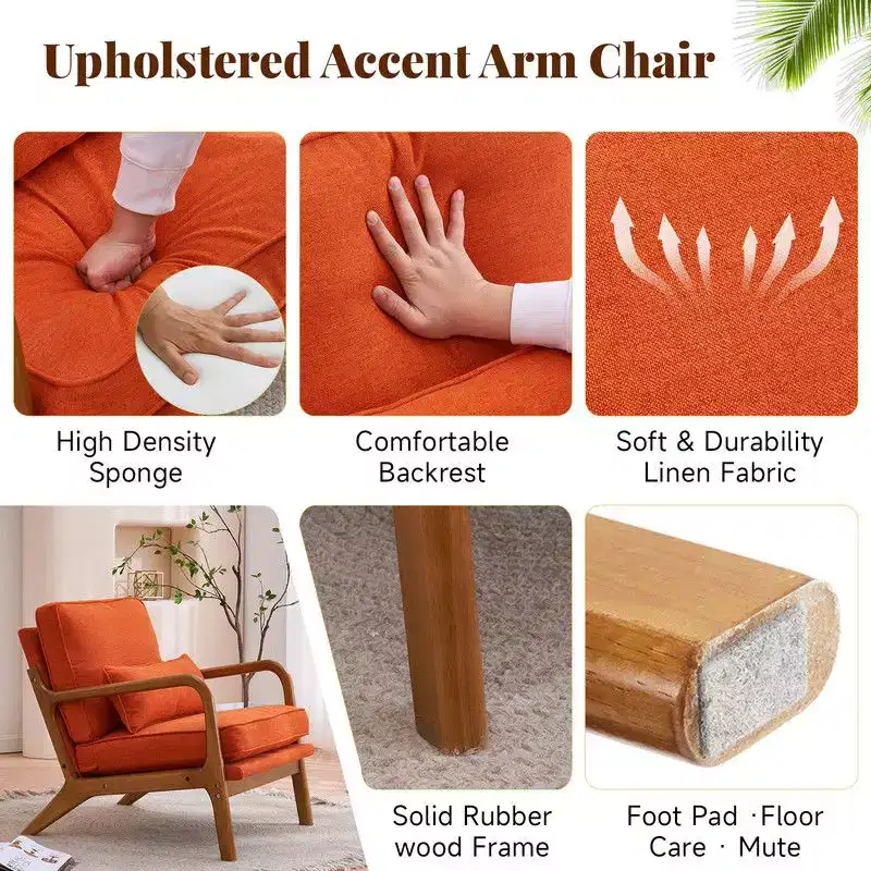 Karl Home 2Pcs Mid Century Solid Wood Accent Chair Upholstered Armchair with an Extra Pillow